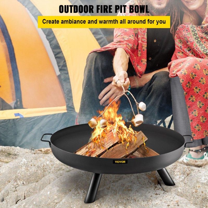 Patio Furniture & Accessories | Fire Pit Bowl, 30-Inch Deep Round Carbon Steel Fire Bowl, Wood Burning for Outdoor Patios, Backyards & Camping Uses, with A Drain Hole, Portable Handles and A Firewood Stick, Black Black Lawn & Garden Black