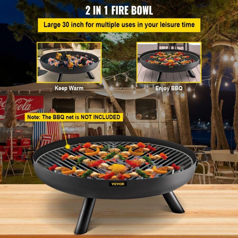 Patio Furniture & Accessories | Fire Pit Bowl, 30-Inch Deep Round Carbon Steel Fire Bowl, Wood Burning for Outdoor Patios, Backyards & Camping Uses, with A Drain Hole, Portable Handles and A Firewood Stick, Black Black Lawn & Garden Black