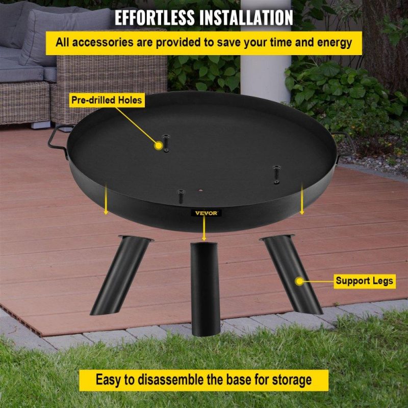 Patio Furniture & Accessories | Fire Pit Bowl, 30-Inch Deep Round Carbon Steel Fire Bowl, Wood Burning for Outdoor Patios, Backyards & Camping Uses, with A Drain Hole, Portable Handles and A Firewood Stick, Black Black Lawn & Garden Black