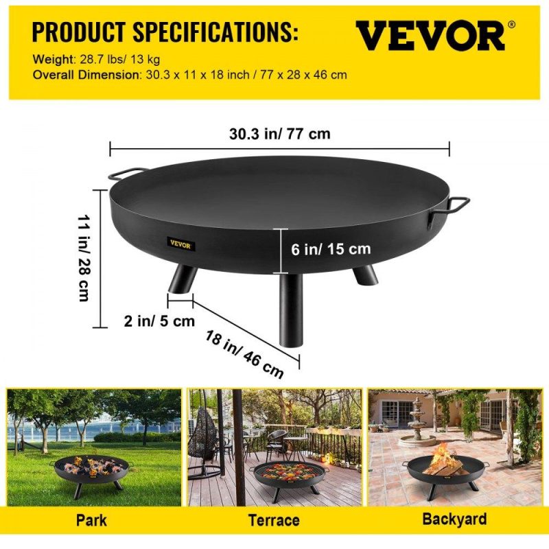 Patio Furniture & Accessories | Fire Pit Bowl, 30-Inch Deep Round Carbon Steel Fire Bowl, Wood Burning for Outdoor Patios, Backyards & Camping Uses, with A Drain Hole, Portable Handles and A Firewood Stick, Black Black Lawn & Garden Black