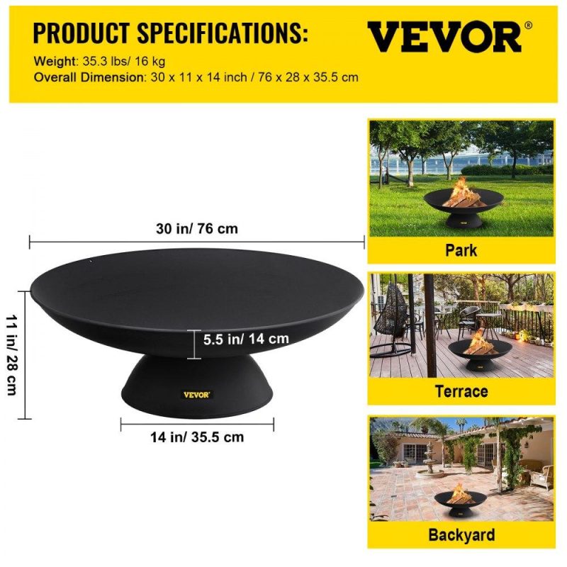 Patio Furniture & Accessories | Fire Pit Bowl, 30-Inch Deep Round Cast Iron Fire Bowl, Wood Burning for Outdoor Patios, Backyards & Camping Uses, with A Stable Bowl Designed Base and A Firewood Stick, Black Black Lawn & Garden Black