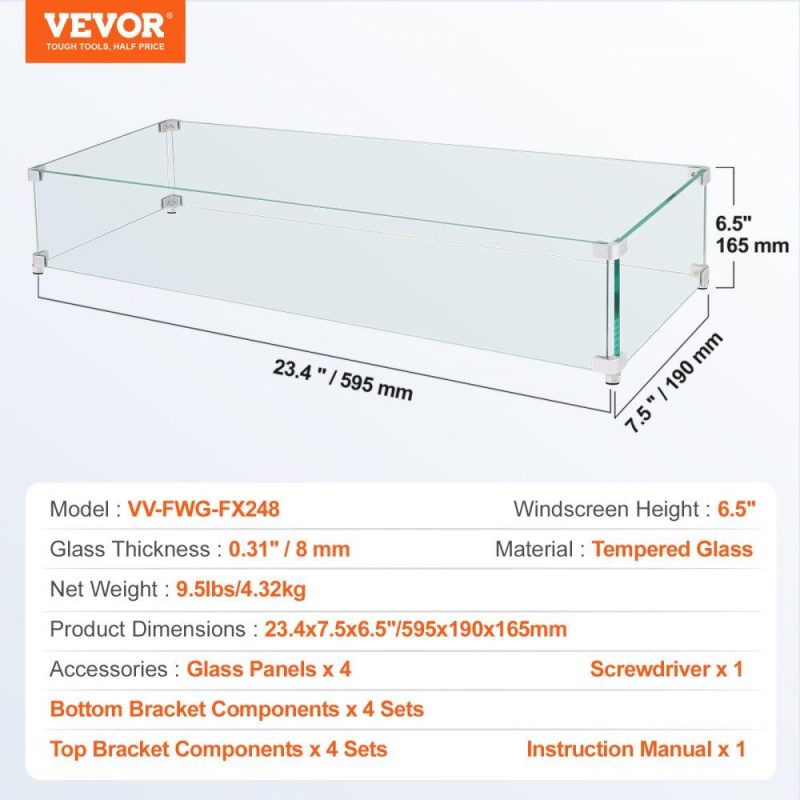 Patio Furniture & Accessories | Gas Fire Pit Wind Guard for Square Fire Table, 23.5 x 7.5 x 6.5 inch Clear Tempered Wind Guard for Firepits, 0.31 inch Thick Square Glass Shield, Glass Panel with Hard Corner Bracket & Feet Lawn & Garden Patio Furniture & Accessories