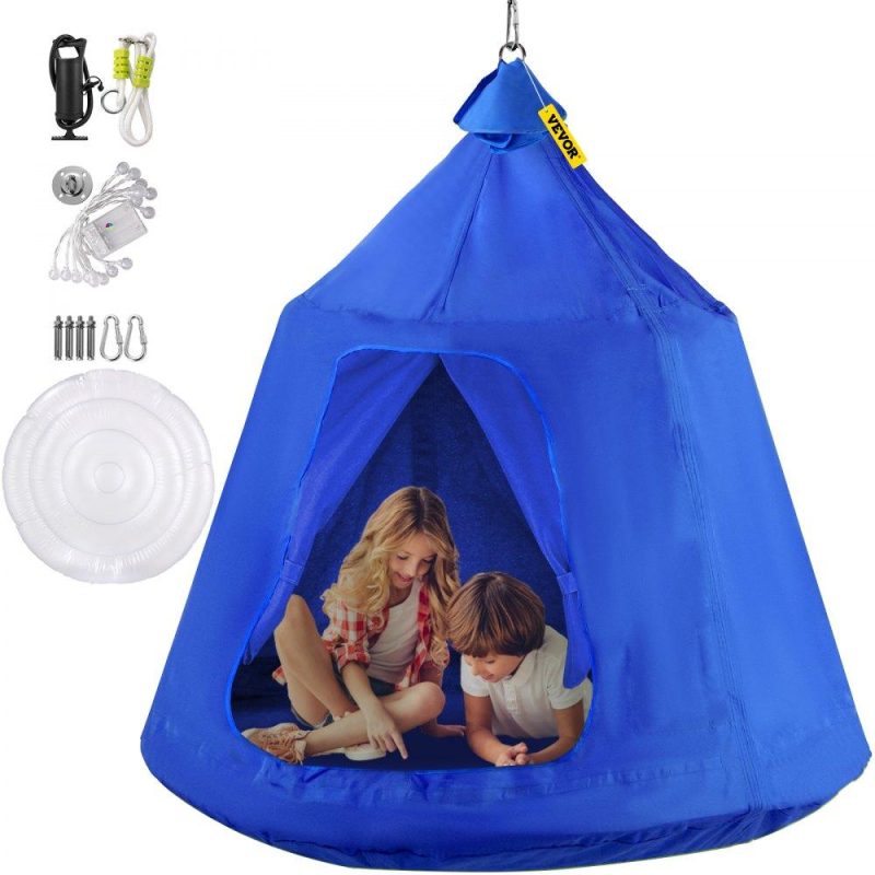 Patio Furniture & Accessories | Hanging Tree Tent, Max. 440lbs Capacity Tree Tent Swing, Hangout Hugglepod with LED Rainbow Decoration Lights Inflatable Cushion, Ceiling Hammock Tent Suit for Kids & Adult Indoor Outdoor, Blue Blue Lawn & Garden Blue