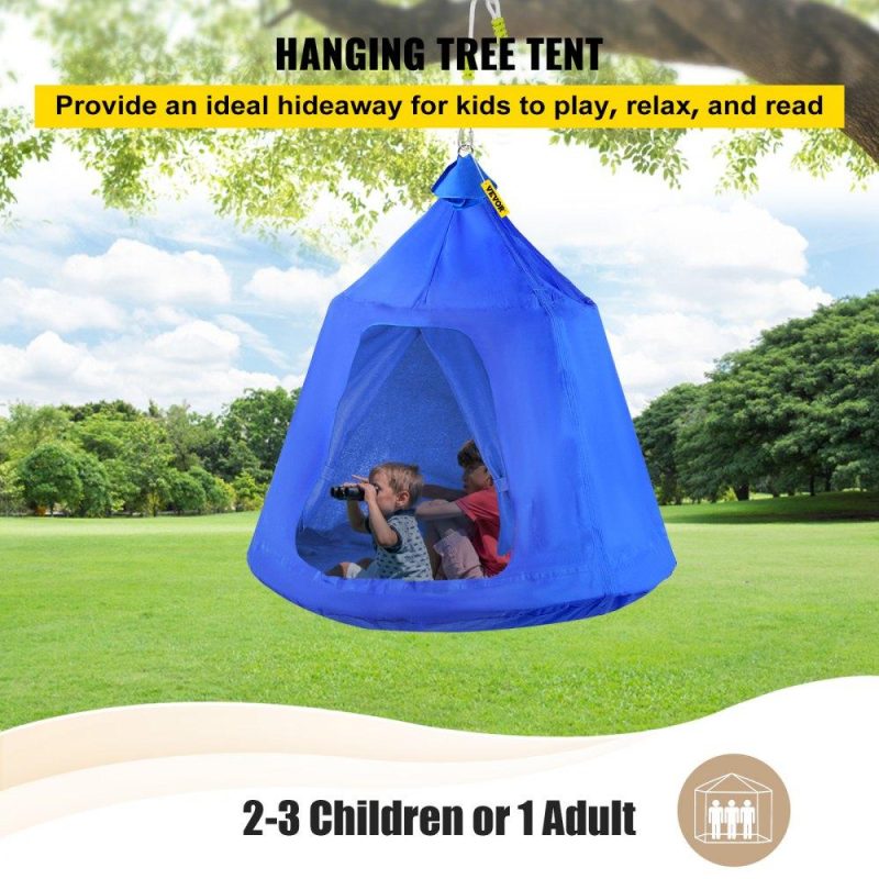 Patio Furniture & Accessories | Hanging Tree Tent, Max. 440lbs Capacity Tree Tent Swing, Hangout Hugglepod with LED Rainbow Decoration Lights Inflatable Cushion, Ceiling Hammock Tent Suit for Kids & Adult Indoor Outdoor, Blue Blue Lawn & Garden Blue