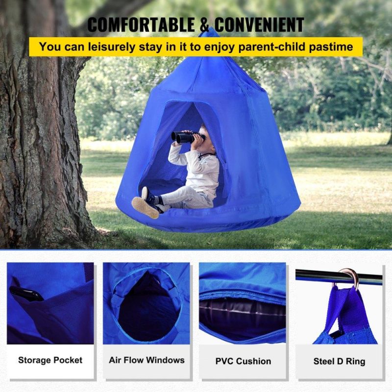 Patio Furniture & Accessories | Hanging Tree Tent, Max. 440lbs Capacity Tree Tent Swing, Hangout Hugglepod with LED Rainbow Decoration Lights Inflatable Cushion, Ceiling Hammock Tent Suit for Kids & Adult Indoor Outdoor, Blue Blue Lawn & Garden Blue