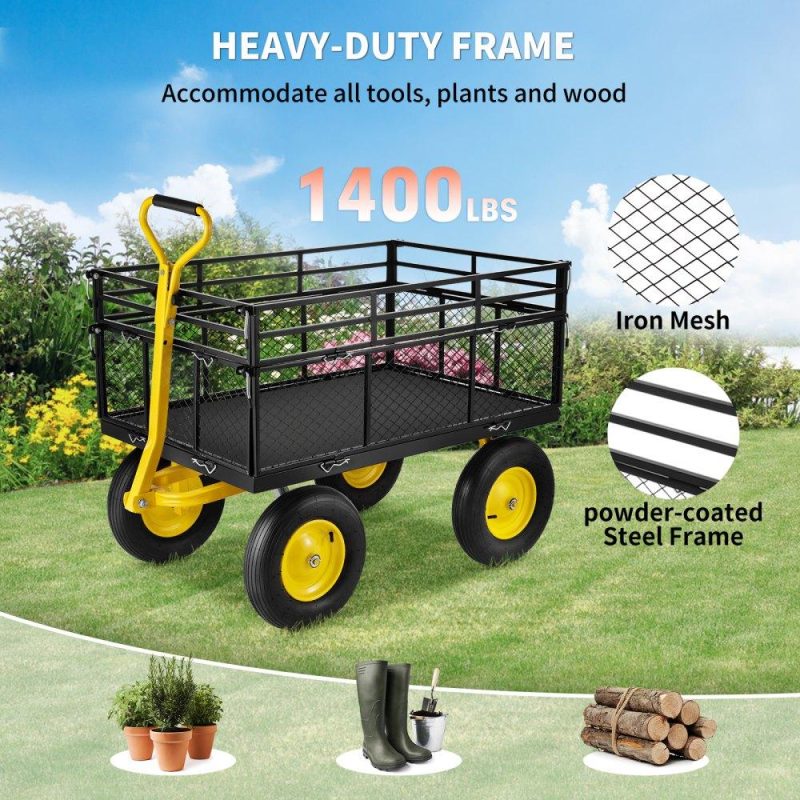 Patio Furniture & Accessories | Steel Garden Cart, Heavy Duty 1400 lbs Capacity, with Removable Mesh Sides to Convert into Flatbed, Utility Metal Wagon with 2-in-1 Handle and 15 in Tires, Perfect for Garden, Farm, Yard Lawn & Garden Patio Furniture & Accessories