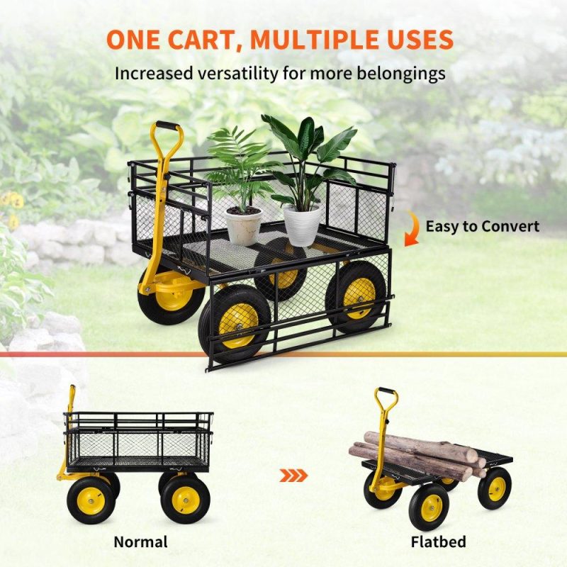 Patio Furniture & Accessories | Steel Garden Cart, Heavy Duty 1400 lbs Capacity, with Removable Mesh Sides to Convert into Flatbed, Utility Metal Wagon with 2-in-1 Handle and 15 in Tires, Perfect for Garden, Farm, Yard Lawn & Garden Patio Furniture & Accessories