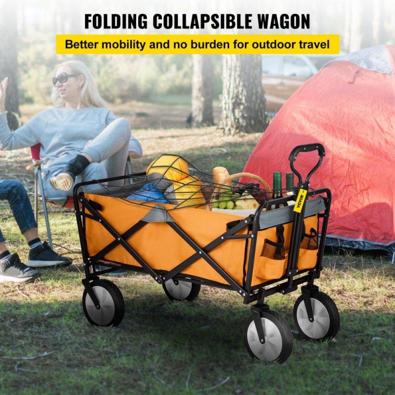 Patio Furniture & Accessories | Wagon Cart, Collapsible Folding Cart with 176lbs Load, Outdoor Utility Garden Cart, Adjustable Handle, Portable Foldable Wagons with Wheels for Beach, Camping, Grocery, Orange Orange Gray Lawn & Garden Orange Gray