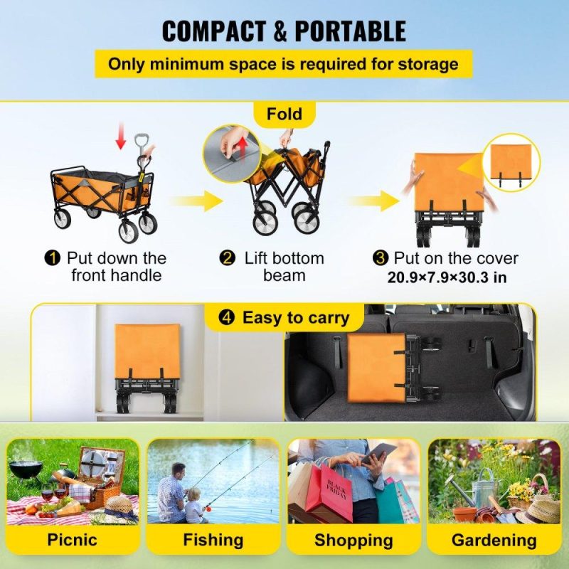 Patio Furniture & Accessories | Wagon Cart, Collapsible Folding Cart with 176lbs Load, Outdoor Utility Garden Cart, Adjustable Handle, Portable Foldable Wagons with Wheels for Beach, Camping, Grocery, Orange Orange Gray Lawn & Garden Orange Gray