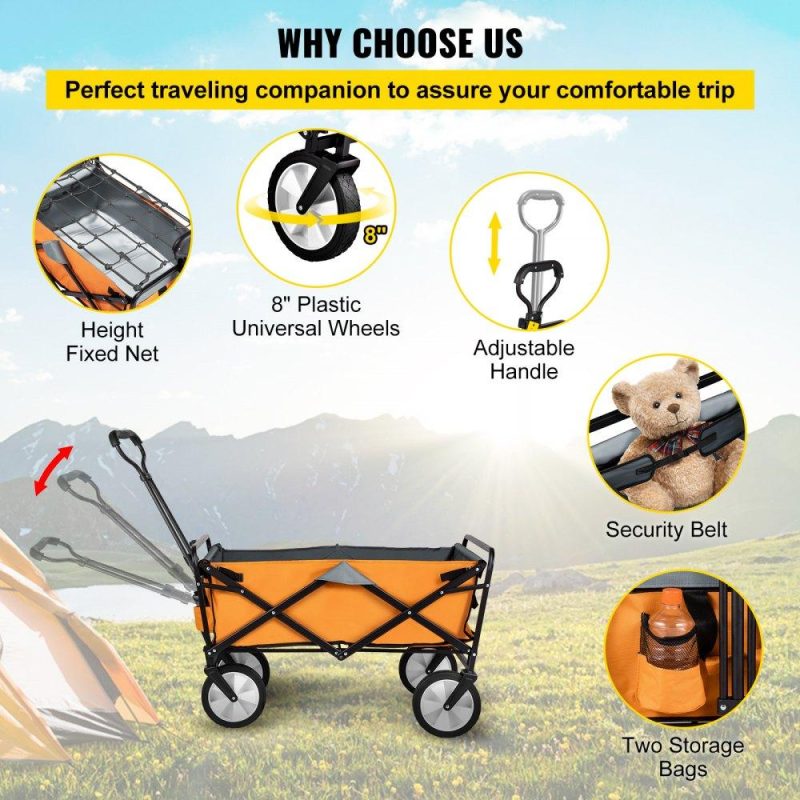 Patio Furniture & Accessories | Wagon Cart, Collapsible Folding Cart with 176lbs Load, Outdoor Utility Garden Cart, Adjustable Handle, Portable Foldable Wagons with Wheels for Beach, Camping, Grocery, Orange Orange Gray Lawn & Garden Orange Gray