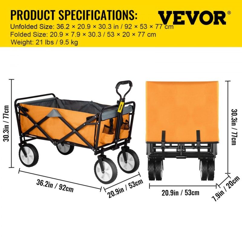 Patio Furniture & Accessories | Wagon Cart, Collapsible Folding Cart with 176lbs Load, Outdoor Utility Garden Cart, Adjustable Handle, Portable Foldable Wagons with Wheels for Beach, Camping, Grocery, Orange Orange Gray Lawn & Garden Orange Gray