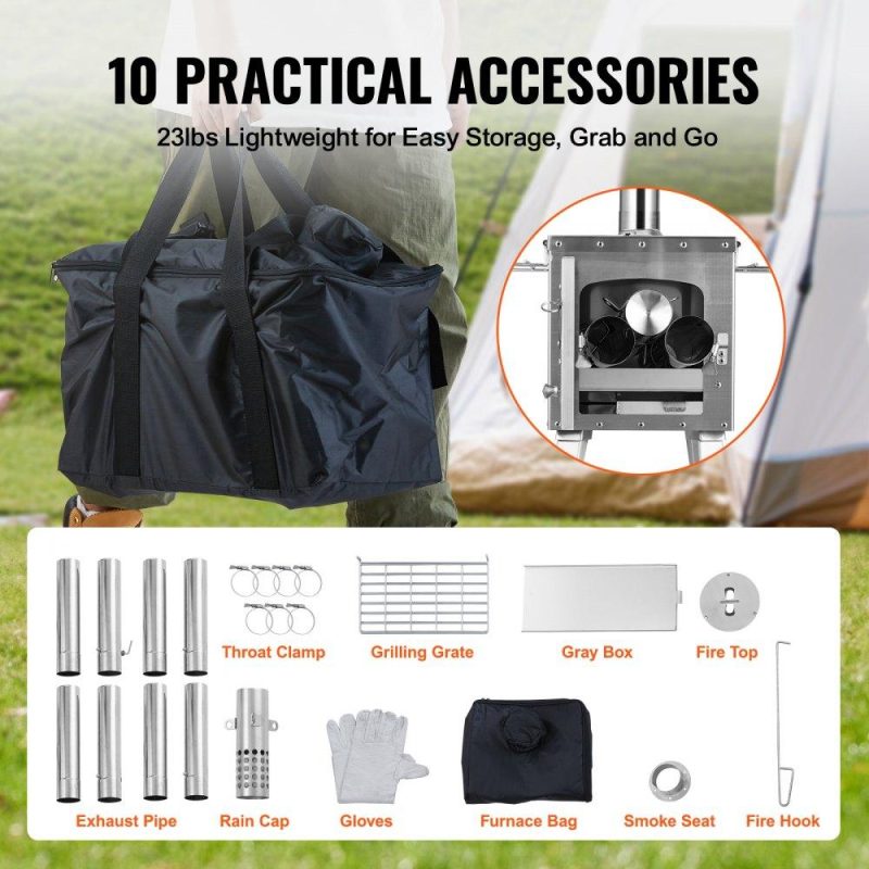 Patio Furniture & Accessories | Wood Stove, 86 inch, Stainless Steel Camping Tent Stove, Portable Wood Burning Stove with Chimney Pipes & Gloves, 3000in³Firebox Hot Tent Stove for Outdoor Cooking and Heating with 8 Pipes Lawn & Garden Patio Furniture & Accessories