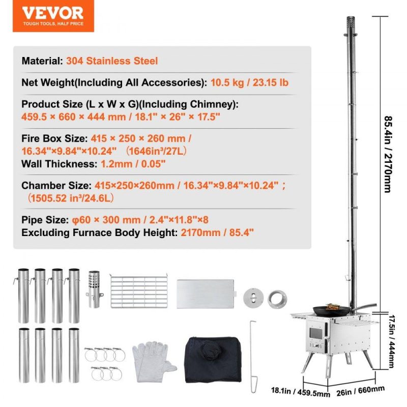 Patio Furniture & Accessories | Wood Stove, 86 inch, Stainless Steel Camping Tent Stove, Portable Wood Burning Stove with Chimney Pipes & Gloves, 3000in³Firebox Hot Tent Stove for Outdoor Cooking and Heating with 8 Pipes Lawn & Garden Patio Furniture & Accessories