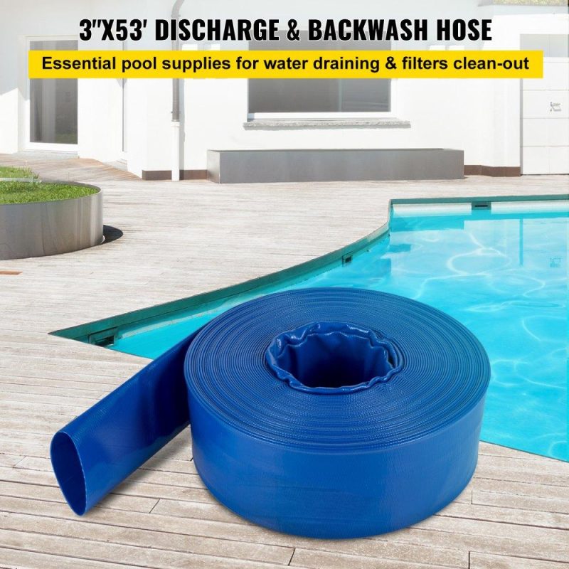 Pools & Spas | Discharge Hose, 3″ x 53′, PVC Lay Flat Hose, Heavy Duty Backwash Drain Hose with Clamps, Weather-proof & Burst-proof, Ideal for Swimming Pool & Water Transfer, Blue Lawn & Garden Pools & Spas