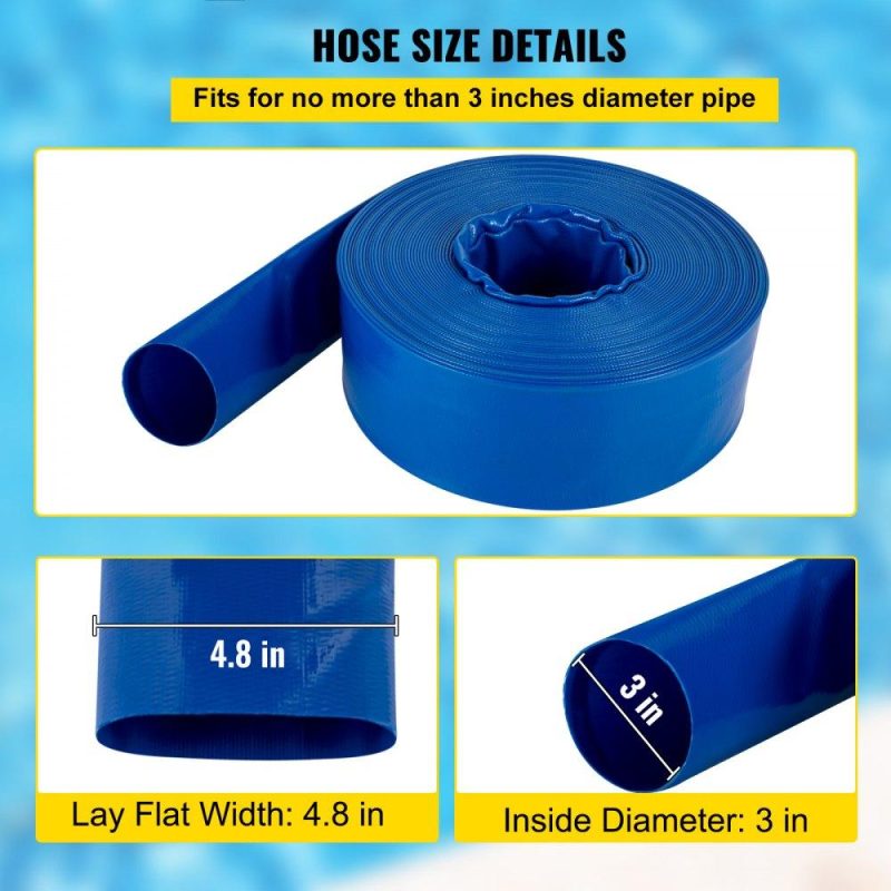 Pools & Spas | Discharge Hose, 3″ x 53′, PVC Lay Flat Hose, Heavy Duty Backwash Drain Hose with Clamps, Weather-proof & Burst-proof, Ideal for Swimming Pool & Water Transfer, Blue Lawn & Garden Pools & Spas