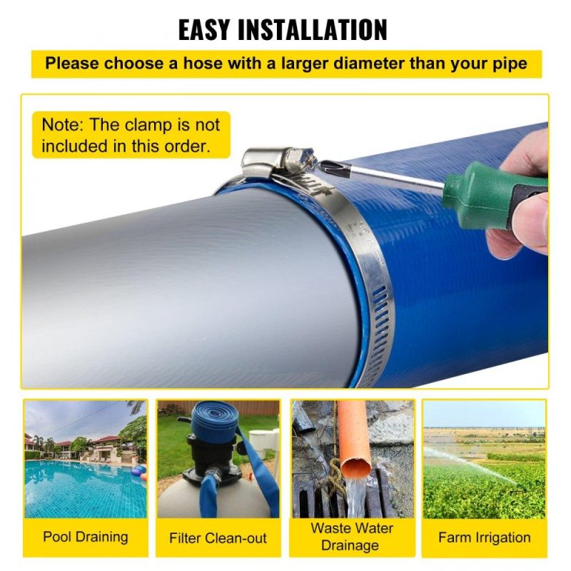 Pools & Spas | Discharge Hose, 3″ x 53′, PVC Lay Flat Hose, Heavy Duty Backwash Drain Hose with Clamps, Weather-proof & Burst-proof, Ideal for Swimming Pool & Water Transfer, Blue Lawn & Garden Pools & Spas