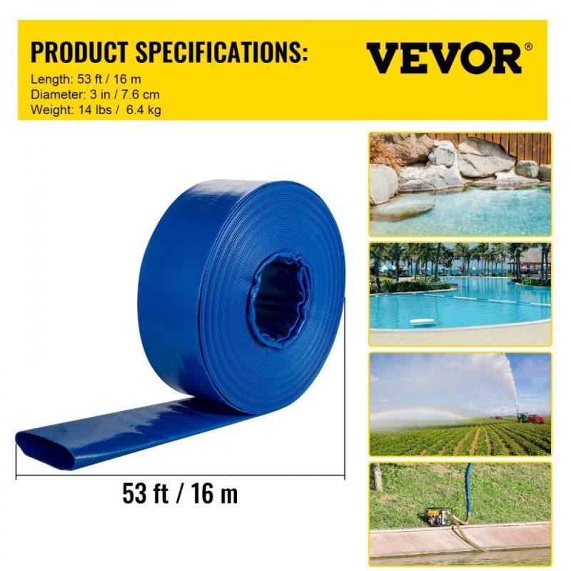 Pools & Spas | Discharge Hose, 3″ x 53′, PVC Lay Flat Hose, Heavy Duty Backwash Drain Hose with Clamps, Weather-proof & Burst-proof, Ideal for Swimming Pool & Water Transfer, Blue Lawn & Garden Pools & Spas