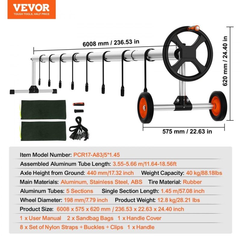 Pools & Spas | Pool Cover Reel, Aluminum Solar Cover Reel 18 ft, Inground Swimming Pool Cover Reel Set with Rubber Wheels and Sandbags, Fits for 4-18 ft Width Swimming Pools Lawn & Garden Pools & Spas