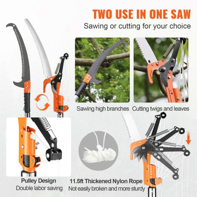 Outdoor Hand Tools | Manual Pole Saw, 7.3-27 ft Extendable Tree Pruner, Sharp Steel Blade and Scissors High Branches Trimming, Branch Trimmer with Lightweight 8 Fiberglass Handles, for Pruning Palms and Shrubs Lawn & Garden Outdoor Hand Tools