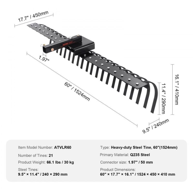 Outdoor Power Equipment | Tow Behind Landscape Rake, 60″ Tow Dethatcher with 21 Steel Coil Tines, Lawn Dethatcher Rake Attaches to 48″ or 60″ Toolbars and 3-point Suspension Systems, for Leaves, Pine Needles, and Grass Lawn & Garden Outdoor Power Equipment