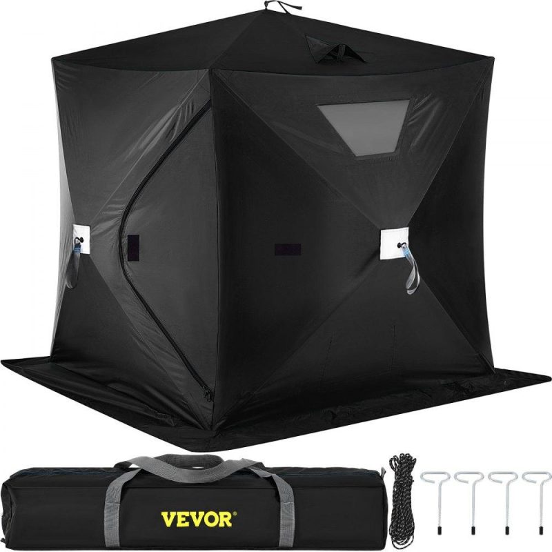 Tents | 2-3 Person Ice Fishing Shelter, Pop-Up Portable Insulated Ice Fishing Tent, Waterproof Oxford Fabric Black Lawn & Garden Black