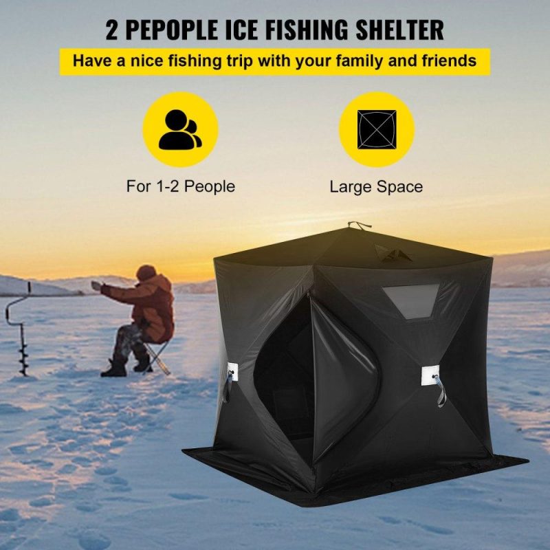 Tents | 2-3 Person Ice Fishing Shelter, Pop-Up Portable Insulated Ice Fishing Tent, Waterproof Oxford Fabric Black Lawn & Garden Black