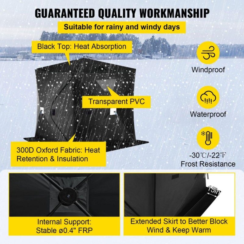 Tents | 2-3 Person Ice Fishing Shelter, Pop-Up Portable Insulated Ice Fishing Tent, Waterproof Oxford Fabric Black Lawn & Garden Black