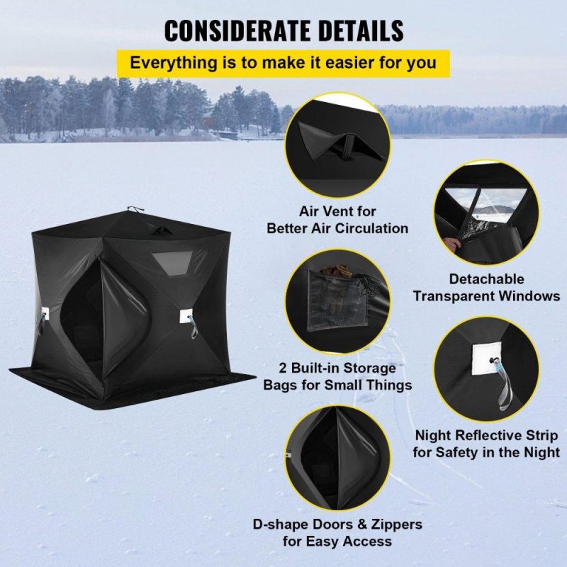 Tents | 2-3 Person Ice Fishing Shelter, Pop-Up Portable Insulated Ice Fishing Tent, Waterproof Oxford Fabric Black Lawn & Garden Black