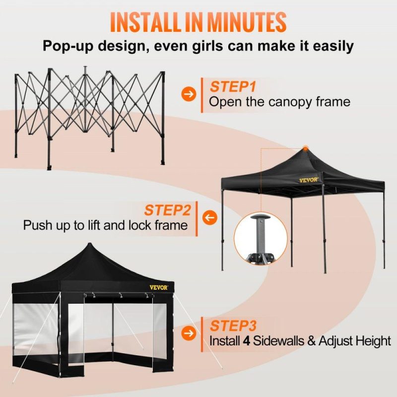 Tents | Pop Up Canopy Tent, 10 x 10 FT, Outdoor Patio Gazebo Tent with Removable Sidewalls and Wheeled Bag, UV Resistant Waterproof Instant Gazebo Shelter for Party, Garden, Backyard, Black Black Lawn & Garden Black