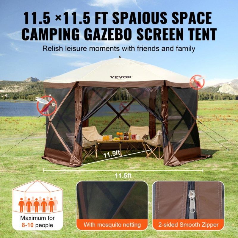 Tents | Pop Up Gazebo Tent, Pop-Up Screen Tent 6 Sided Canopy Sun Shelter with 6 Removable Privacy Wind Cloths & Mesh Windows, 11.5×11.5FT Quick Set Screen Tent with Mosquito Netting, Brown Brown Lawn & Garden Brown