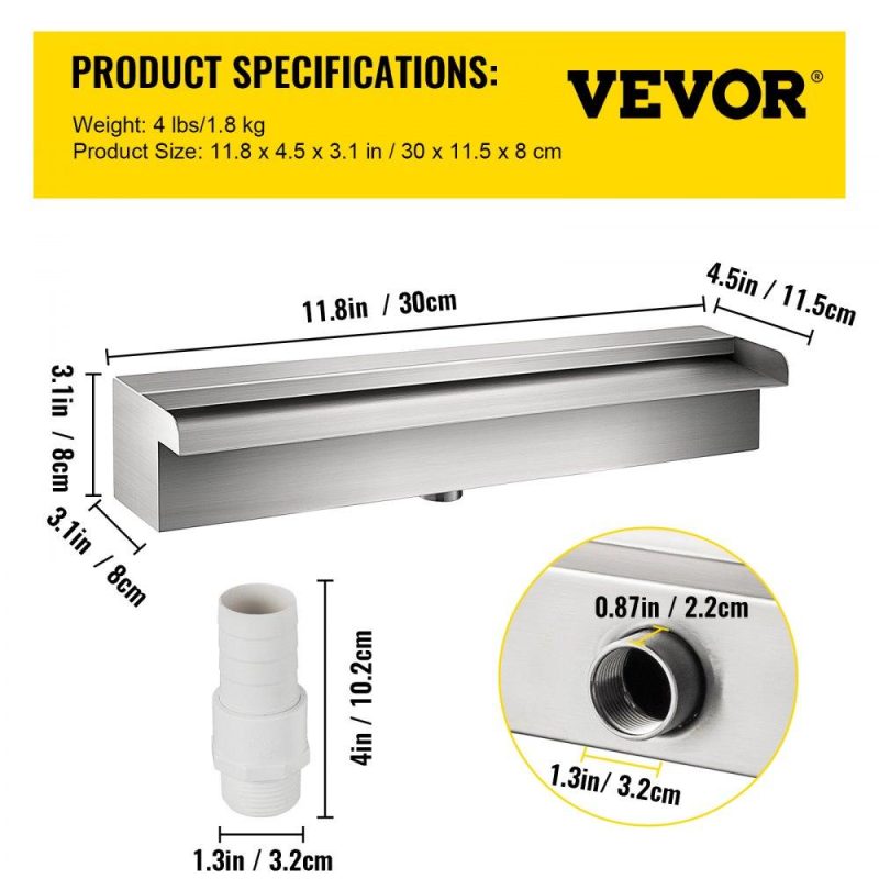 Water Gardens & Ponds | Pool Fountain Stainless Steel Pool Waterfall Spillway with Pipe Connector Rectangular Garden Outdoor (11.8″) Lawn & Garden Water Gardens & Ponds