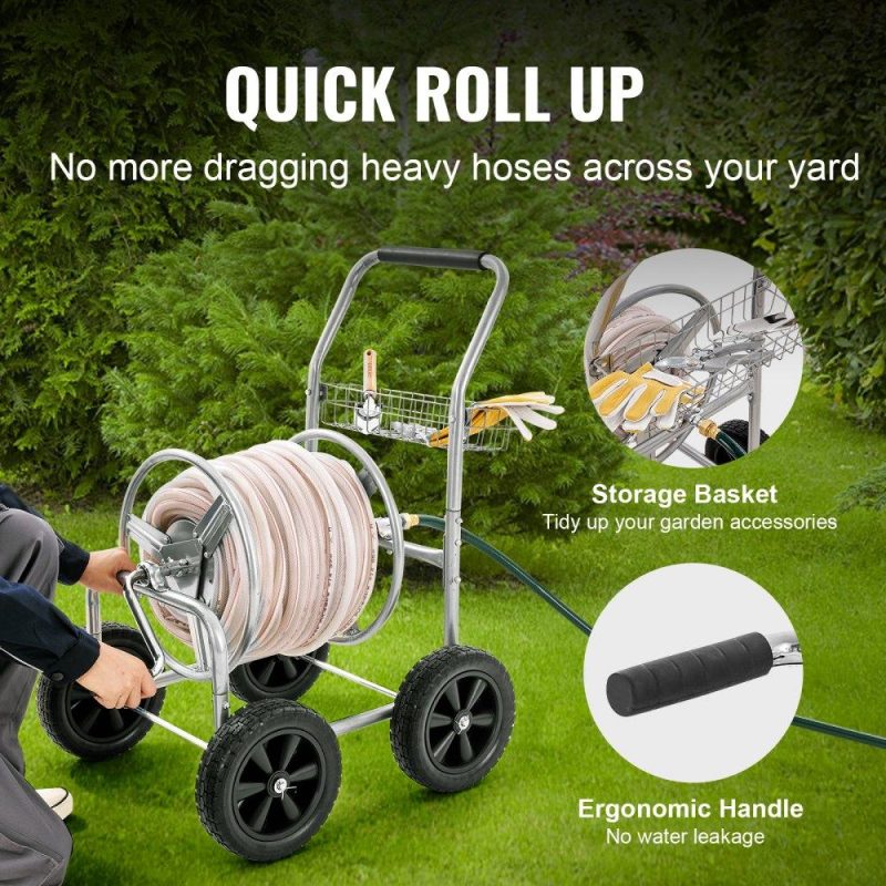 Watering & Irrigation | Hose Reel Cart, Hold Up to 300 ft of 5/8’’ Hose, Garden Water Hose Carts Mobile Tools with 4 Wheels, Heavy Duty Powder-coated Steel Outdoor Planting with Storage Basket, for Garden, Yard, Lawn Lawn & Garden Watering & Irrigation